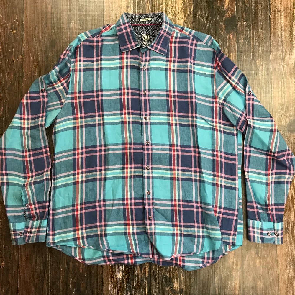BUGATCHI Plaid Linen Shirt XL L/S Shaped Fit Contrast Collar Lightweight Blue